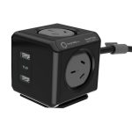 A black cube-shaped power adapter with two USB ports and two Australian sockets. It features a cable for connectivity.