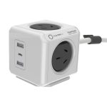 A white Power Cube Extended Trio USB hub with two power sockets and two USB ports.