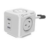 A white power cube with two Australian power sockets and USB ports. It has a logo and a cable attached.