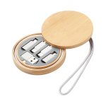 A compact bamboo kit featuring charging cables in a round case with a grey interior and a loop for easy carrying.