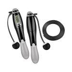 Digital skipping rope in black and silver with a flexible cord and built-in display for tracking.