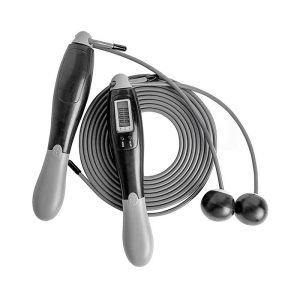 A digital skipping rope featuring black and grey handles, a long grey rope, and rounded ends.