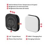 A magnetic LED selfie light in black and white, featuring adjustable brightness and multiple connection options.