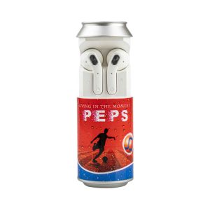 A pair of white earbuds resting on a colourful can featuring sports imagery and a logo.