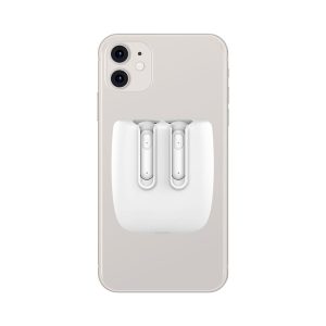 A pair of white Lawson Magnetic TWS earbuds nestled in a grey charging case, alongside a phone featuring a logo.