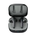 Active noise cancelling earbuds in a sleek black charging case, featuring a modern design and an interior in grey.