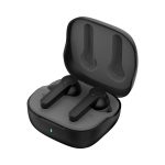 Active noise cancelling TWS earbuds in black, displayed in their charging case with a grey interior and a small indicator light.
