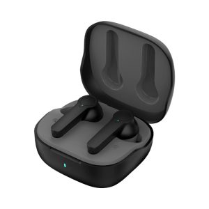 Active noise cancelling TWS earbuds in black, displayed in their charging case with a grey interior and a small indicator light.