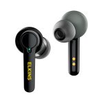 Active noise cancelling TWS earbuds in black and green, featuring a logo and sleek design.