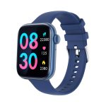 A blue smartwatch with a digital display featuring large colourful numbers and a silicone strap. It has a logo.