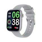 A grey Mateo Smart Watch displaying time, date, and fitness metrics on a vibrant screen. It features a sleek design and a logo.