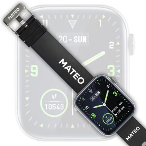 A black Mateo Smart Watch with a square face displaying digital time and date. The watch features a sleek design and includes a logo.