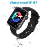 A black smartwatch with a rectangular face, featuring a colourful display and a logo, surrounded by water droplets.
