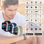 A Mateo Smart Watch displayed in black, navy, and grey, featuring various digital screens and a logo.