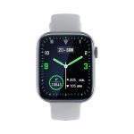 A grey smart watch with a square face displaying time, date, and health metrics. It features a logo on the side.