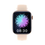 A smartwatch featuring a square touchscreen with a colourful flower pattern and a light beige strap.