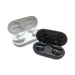 A pair of wireless earbuds in white and black, resting in their respective charging cases. Each case has a logo.