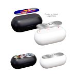 A set of earbuds cases in black and white, featuring interchangeable logo plates on top.