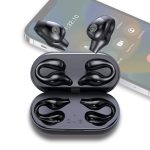 Black "Clipz TWS Earbuds" in their charging case, with a smartphone featuring a call screen in the background.