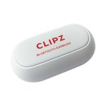 A white charging case for Clipz TWS earbuds, featuring a logo on the lid.