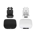 A pair of Thorpe TWS earbuds in black and white, displayed with charging cases featuring digital displays.