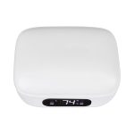 A white charging case for Thorpe TWS Earbuds with a digital display and compact design. It has a logo on it.