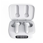 A pair of white Thorpe TWS earbuds in a charging case, featuring a digital display showing battery percentage.