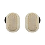 Eco-friendly TWS earbuds in a cream colour with a textured finish and black accents. Features a logo.