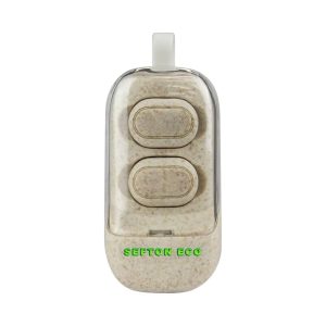 A pair of beige eco-friendly TWS earbuds in a transparent charging case, featuring a logo on the front.