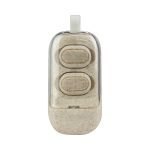 Eco-friendly TWS earbuds in light beige case, featuring a simple design and a logo on the surface.