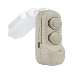 A pair of Sefton Eco TWS earbuds in a beige case, featuring two buttons and a transparent lid.