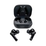 Black Linz Eco TWS Earbuds displayed with their charging case, featuring a sleek design and a logo on the case.