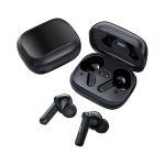 Black Linz Eco TWS earbuds displayed in their charging case, featuring a compact design with a glossy finish.