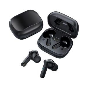 Black Linz Eco TWS earbuds displayed in their charging case, featuring a compact design with a glossy finish.