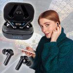 Eco-friendly black TWS earbuds with a charging case, alongside a woman using one earbud while holding a phone.