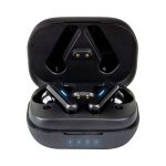 A pair of black Linz Eco TWS earbuds in a charging case, featuring a logo and indicator lights on the front.