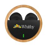 Black TWS earbuds in a circular wooden case featuring a logo, with a green light indicator.