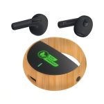 Eco-friendly TWS earbuds in black, with a bamboo charging case featuring a logo.