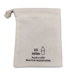 A white pouch made from recycled materials, featuring a drawstring closure and branding on the front.