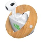 Eco-friendly white TWS earbuds placed within a circular bamboo holder, featuring a logo.