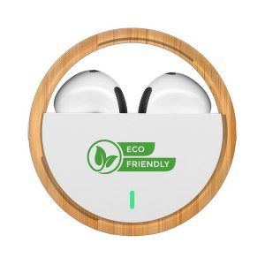 Eco-friendly white TWS earbuds housed in a rounded bamboo case with a logo, featuring a clean and modern design.