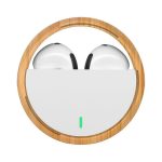 White TWS earbuds housed in a circular bamboo case, featuring a single green indicator light.
