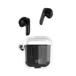 Black Riverton Crystal TWS earbuds inside a clear charging case, with the earbuds positioned outside the case.