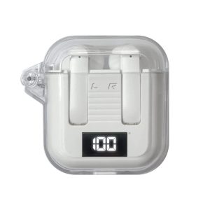 A pair of white wireless earbuds in a transparent charging case, featuring a digital display.