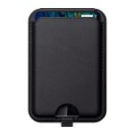 A black magnetic card wallet stand with a sleek design and an opening at the bottom for easy access.