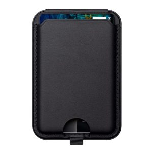 A black magnetic card wallet stand with a sleek design and an opening at the bottom for easy access.
