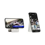 A sleek, silver magnetic card wallet stand displaying a smartphone in two orientations.