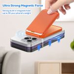An orange magnetic card wallet stand placed on a smartphone, highlighting its strong magnetic grip.