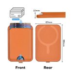 An orange magnetic card wallet stand designed to hold three cards, featuring a front pocket and a rear magnet.