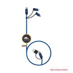 A black and blue LED charging cable with multiple connectors, featuring a round logo.